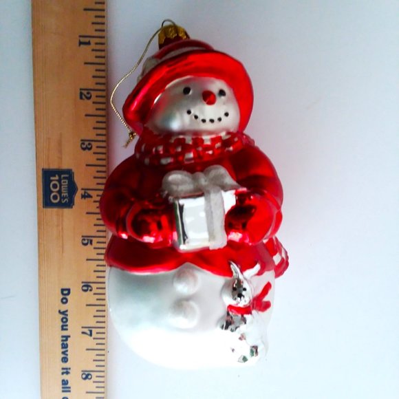 Snowman Blown Glass Christmas Ornament VTG Gift hat scarf glitter - Picture 3 of 3